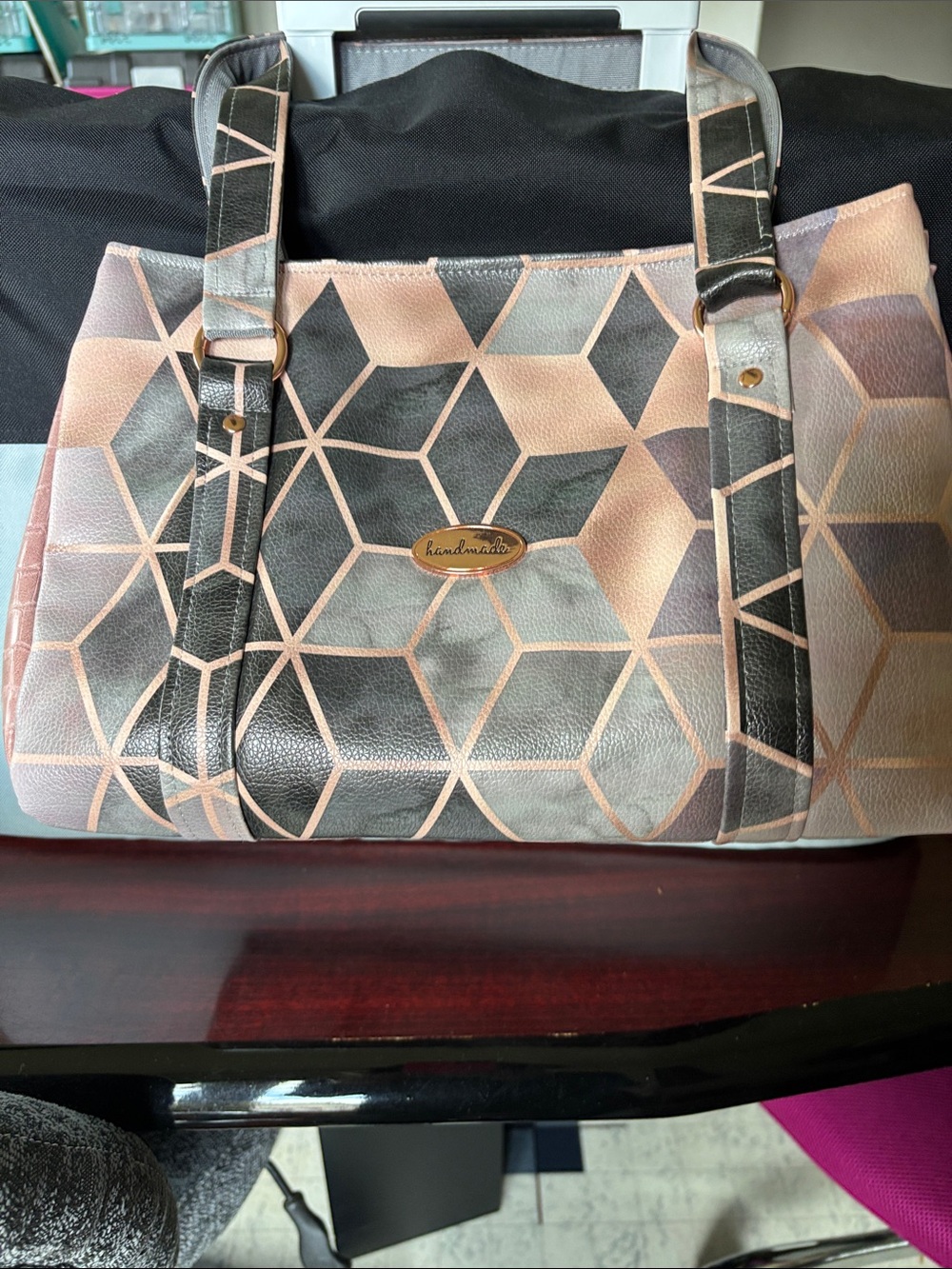 Handmade Geometric Tote Bag in Pink and Gray by Sharon, The Bag Lady.
